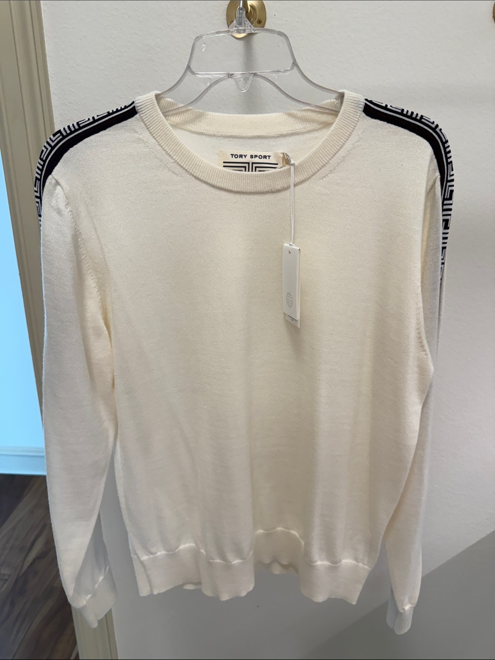 Tory Sport Cream Crewneck Sweater with Black Shoulder Trim